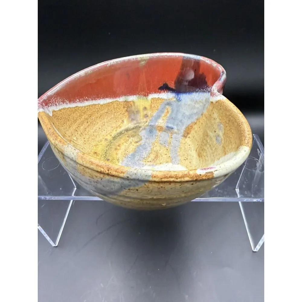 Heart Shaped Stoneware‎ Pottery Bowl Signed Glazed Multicolor Drip